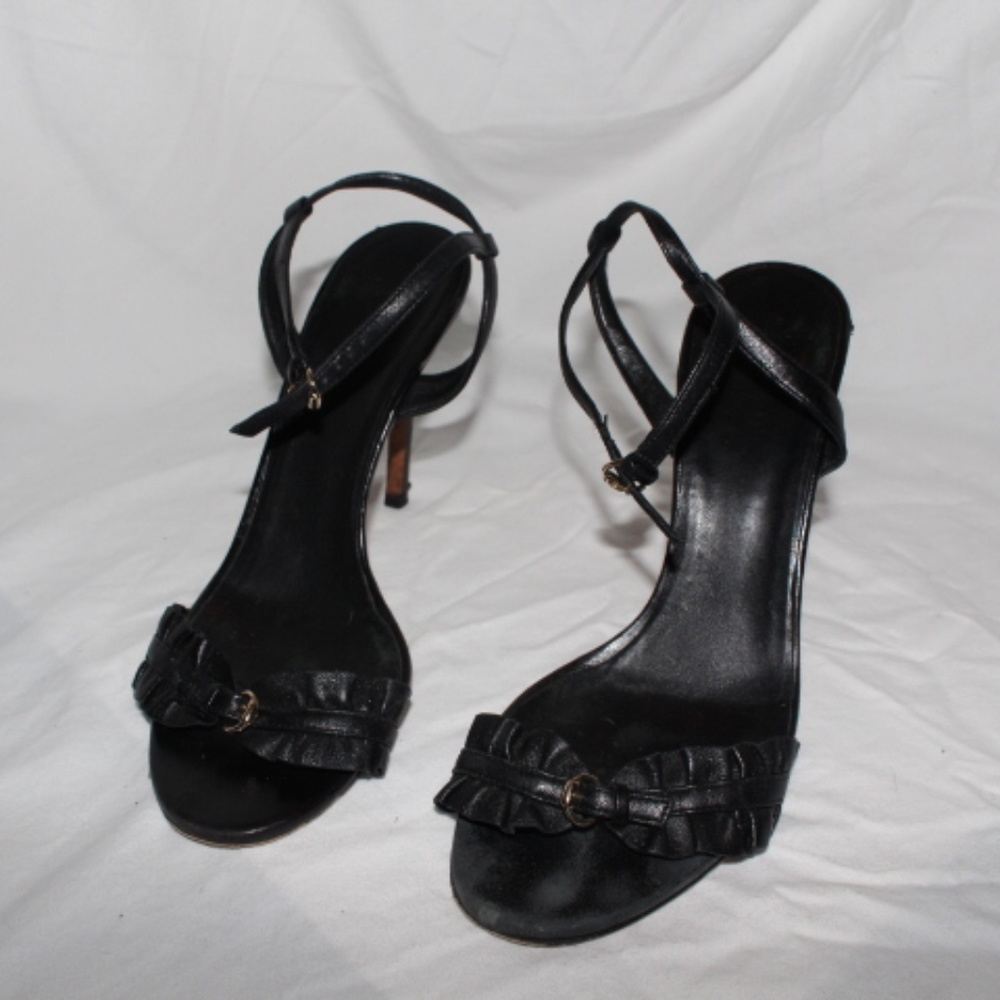 Gucci open toe ruffle front stilletos